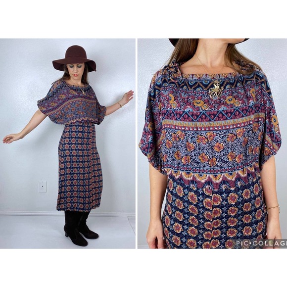 vintage 70s Wide Sleeve FLORAL PRINT Boho DRESS Small peasant dolman sleeve midi - Picture 1 of 10